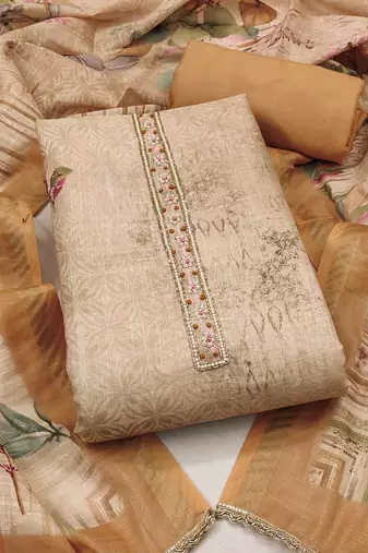 women's multi unstitched cotton linen simmer dress material with printed dupatta