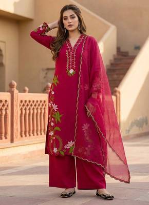 Red heavy roman silk party wear embroidery suit set 2