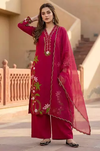 Red heavy roman silk party wear embroidery suit set
