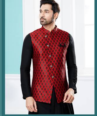 Maroon heavy banarasi jacquard jacket kurta pajama set with fancy buttons. 2