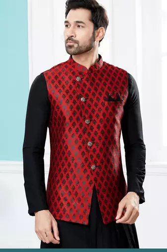 Maroon heavy banarasi jacquard jacket kurta pajama set with fancy buttons.