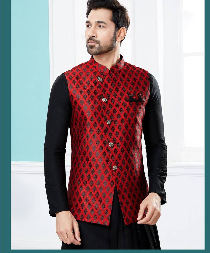 Maroon heavy banarasi jacquard jacket kurta pajama set with fancy buttons.
