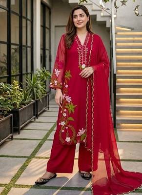 Red heavy roman silk party wear embroidery suit set 3