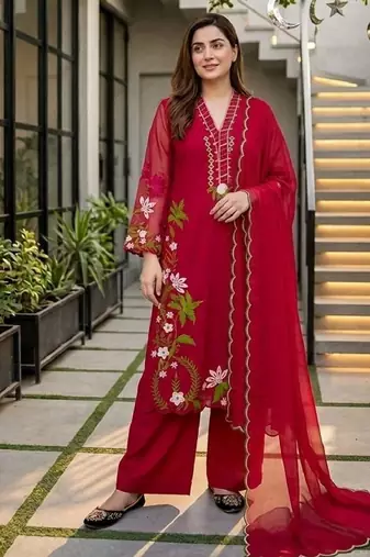 Red heavy roman silk party wear embroidery suit set
