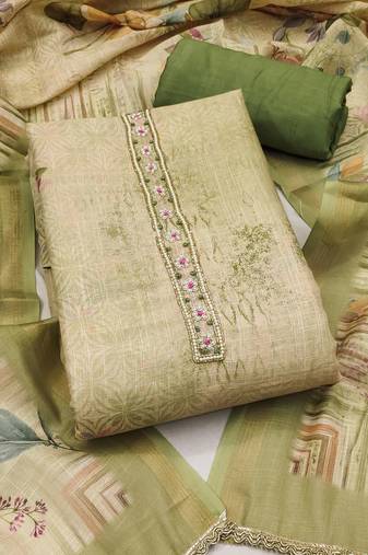 women's multi unstitched cotton linen simmer dress material with printed dupatta