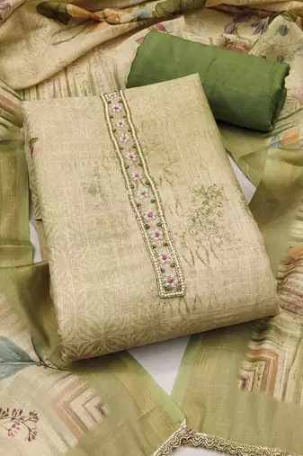 women's multi unstitched cotton linen simmer dress material with printed dupatta