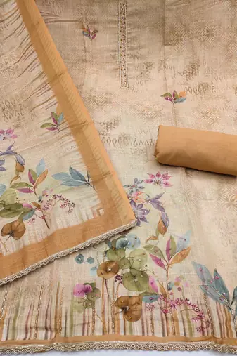 women's multi unstitched cotton linen simmer dress material with printed dupatta