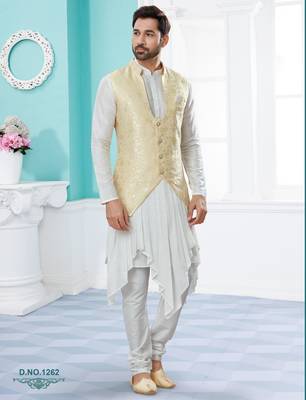 Cream heavy banarasi jacquard jacket kurta pajama set with fancy buttons. 1