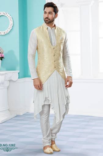 Cream heavy banarasi jacquard jacket kurta pajama set with fancy buttons.