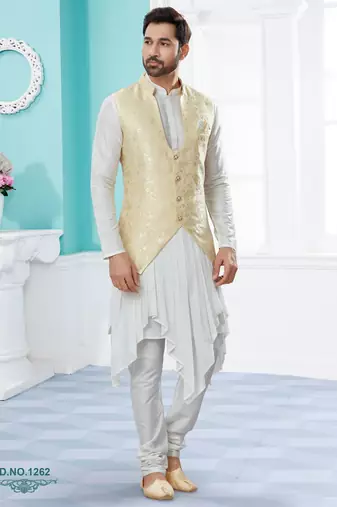 Cream heavy banarasi jacquard jacket kurta pajama set with fancy buttons.
