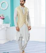 Cream heavy banarasi jacquard jacket kurta pajama set with fancy buttons.