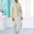 Cream heavy banarasi jacquard jacket kurta pajama set with fancy buttons.
