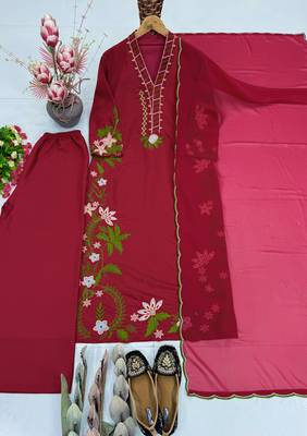 Red heavy roman silk party wear embroidery suit set 4