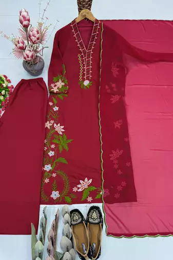 Red heavy roman silk party wear embroidery suit set