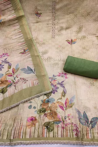 women's multi unstitched cotton linen simmer dress material with printed dupatta