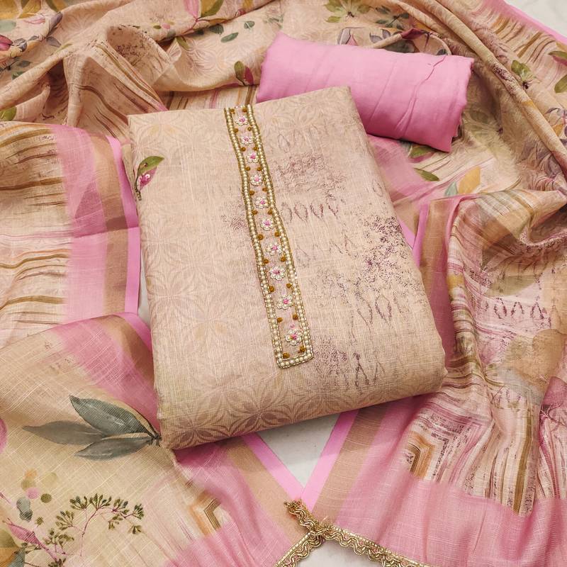 women's multi unstitched cotton linen simmer dress material with printed dupatta
