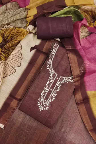 women's multi unstitched cotton linen simmer dress material with printed dupatta