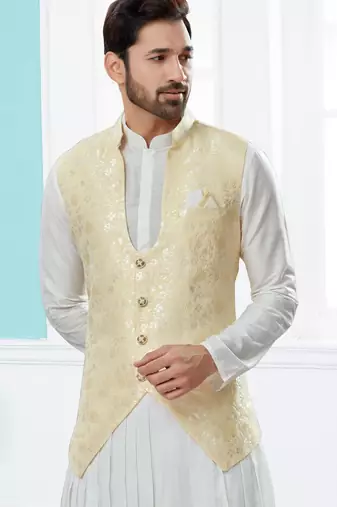 Cream heavy banarasi jacquard jacket kurta pajama set with fancy buttons.
