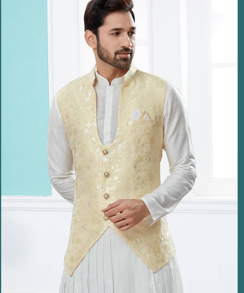Cream heavy banarasi jacquard jacket kurta pajama set with fancy buttons.