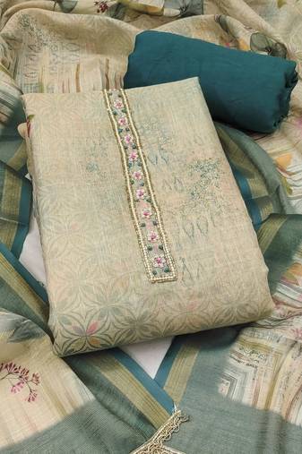 women's multi unstitched cotton linen simmer dress material with printed dupatta