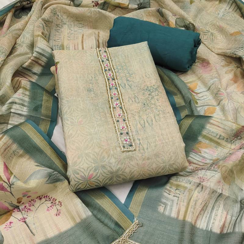 women's multi unstitched cotton linen simmer dress material with printed dupatta