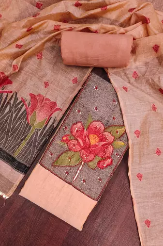 women's peach unstitched pure banarasi cotton dress material with woven dupatta