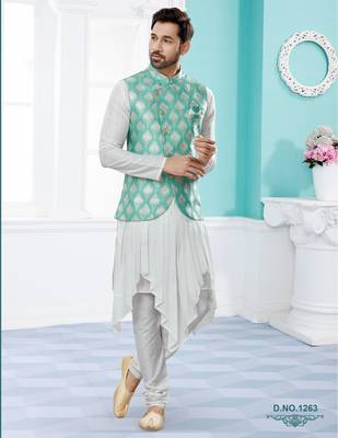 Green heavy banarasi jacquard jacket kurta pajama set with fancy buttons. 1