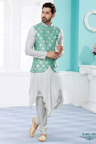 Green heavy banarasi jacquard jacket kurta pajama set with fancy buttons.
