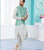 Green heavy banarasi jacquard jacket kurta pajama set with fancy buttons.