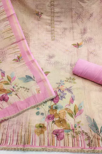 women's multi unstitched cotton linen simmer dress material with printed dupatta