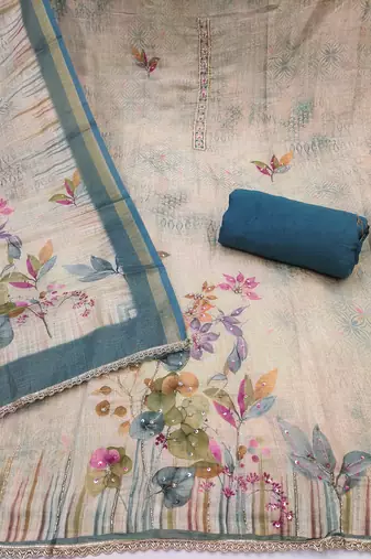 women's multi unstitched cotton linen simmer dress material with printed dupatta