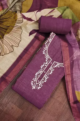 women's multi unstitched cotton linen simmer dress material with printed dupatta