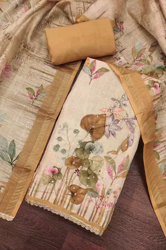 women's multi unstitched cotton linen simmer dress material with printed dupatta