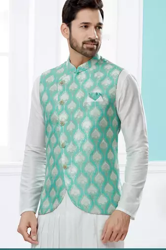 Green heavy banarasi jacquard jacket kurta pajama set with fancy buttons.