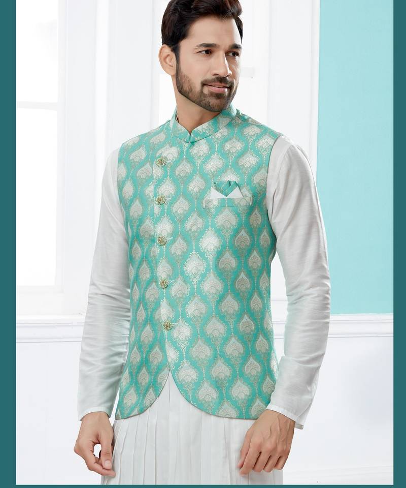 Green heavy banarasi jacquard jacket kurta pajama set with fancy buttons.