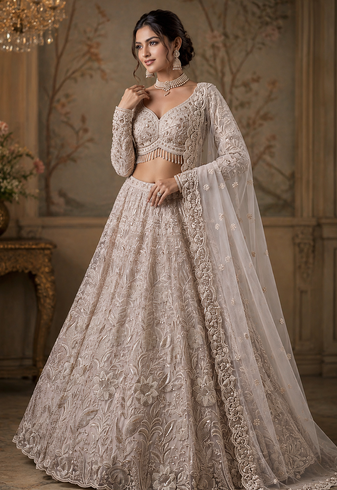 Off-White color Flower Embroidery Pattern Crystal Bead Sequence crafted Cotton thread work net Lehenga choli set