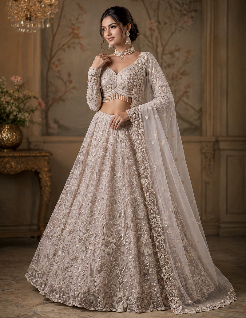 Off-White color Flower Embroidery Pattern Crystal Bead Sequence crafted Cotton thread work net Lehenga choli set