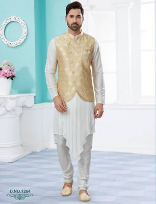 Gold colour heavy banarasi jacquard jacket kurta pajama set with fancy buttons. 1