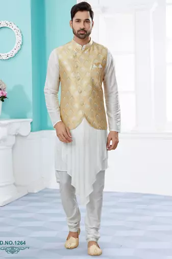 Gold colour heavy banarasi jacquard jacket kurta pajama set with fancy buttons.