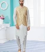 Gold colour heavy banarasi jacquard jacket kurta pajama set with fancy buttons.