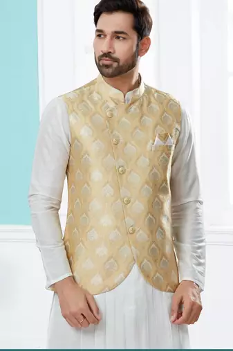 Gold colour heavy banarasi jacquard jacket kurta pajama set with fancy buttons.