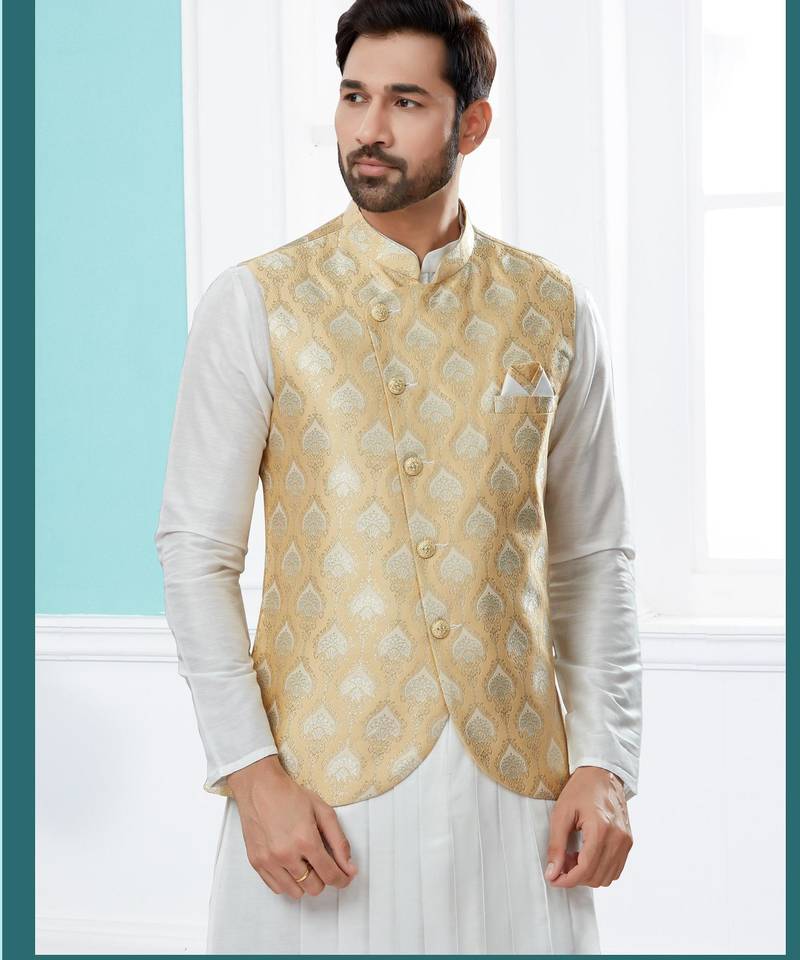 Gold colour heavy banarasi jacquard jacket kurta pajama set with fancy buttons.