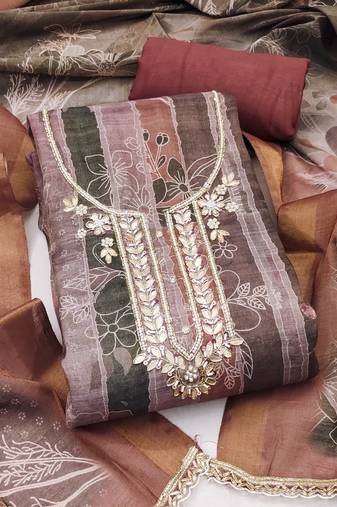 women's multi unstitched cotton linen simmer dress material with printed dupatta
