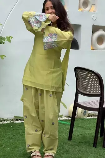 Pista mal chanderi cotton party wear embroidery farshi salwar suit set