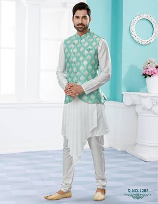 Firozi colour heavy banarasi jacquard jacket kurta pajama set with fancy buttons. 1