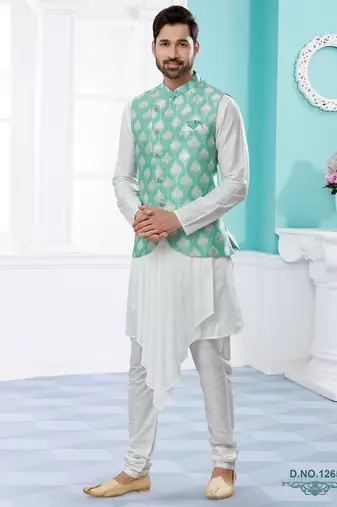Firozi colour heavy banarasi jacquard jacket kurta pajama set with fancy buttons.