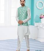 Firozi colour heavy banarasi jacquard jacket kurta pajama set with fancy buttons.