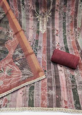 women's multi unstitched cotton linen simmer dress material with printed dupatta 2