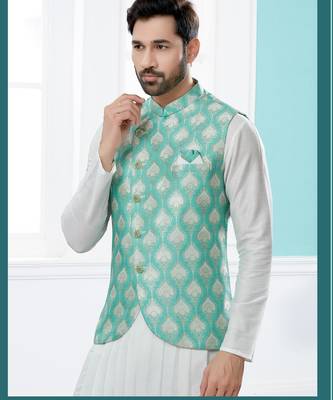 Firozi colour heavy banarasi jacquard jacket kurta pajama set with fancy buttons. 2