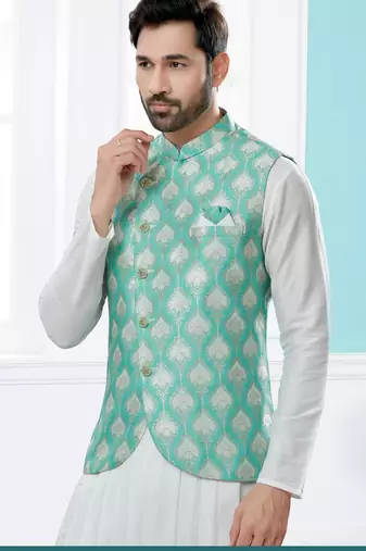 Firozi colour heavy banarasi jacquard jacket kurta pajama set with fancy buttons.